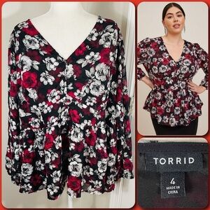 TORRID Peplum Chiffon Clip Floral Blouson Long Sleeve Top - 4X